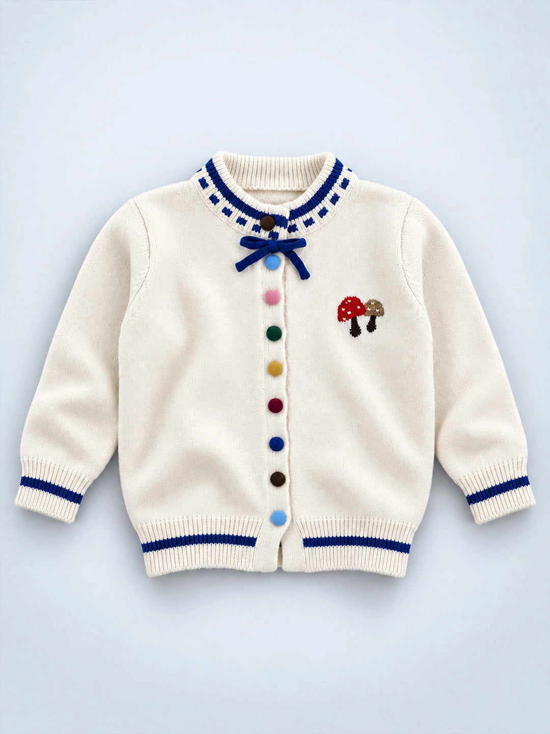 Cream & Blue Bow Mushroom Knitted Winter Cardigan Sweater for Kids