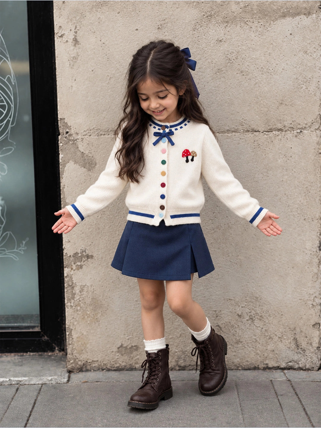 Cream & Blue Bow Mushroom Knitted Winter Cardigan Sweater for Kids