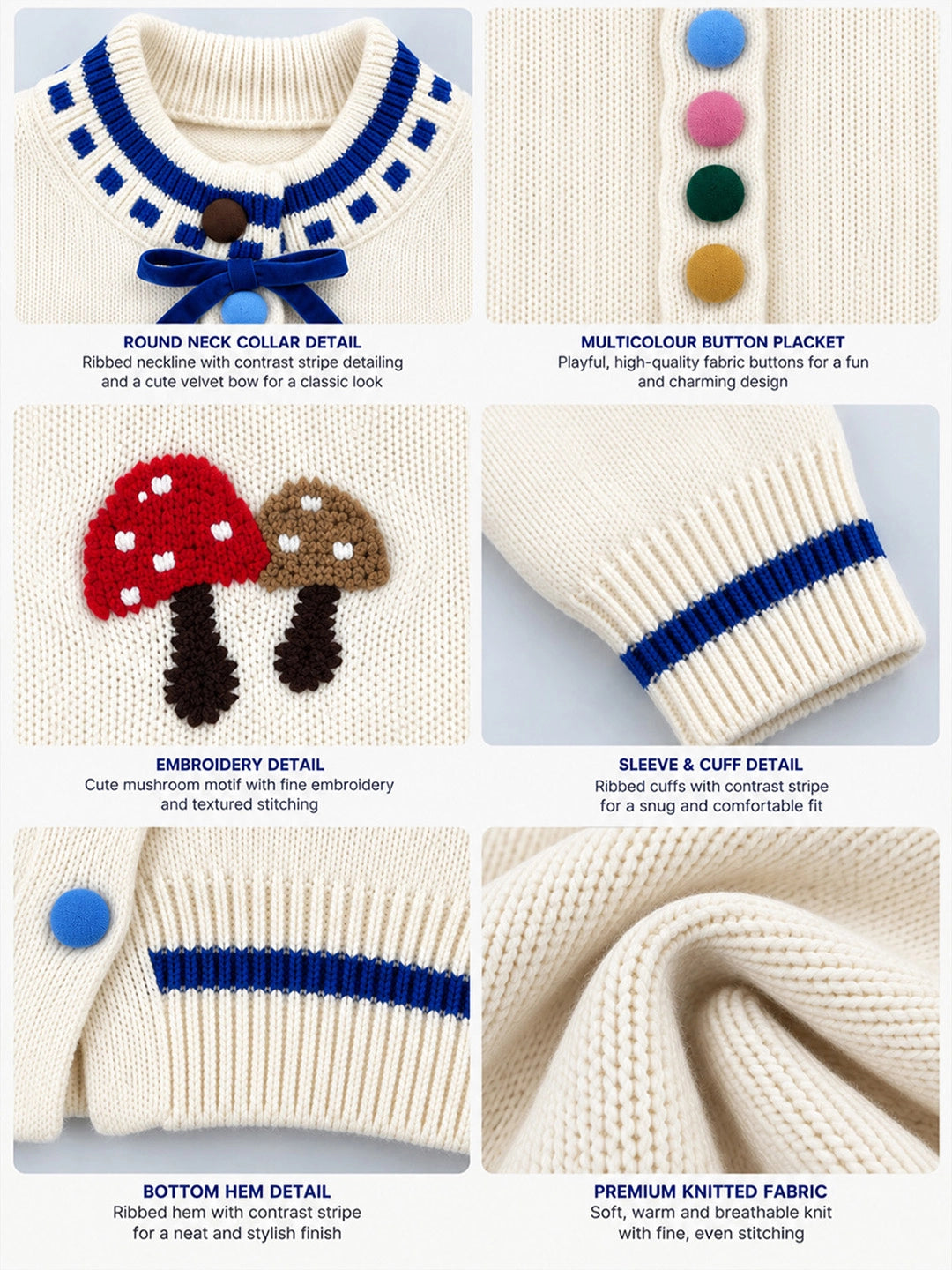 Cream & Blue Bow Mushroom Knitted Winter Cardigan Sweater for Kids