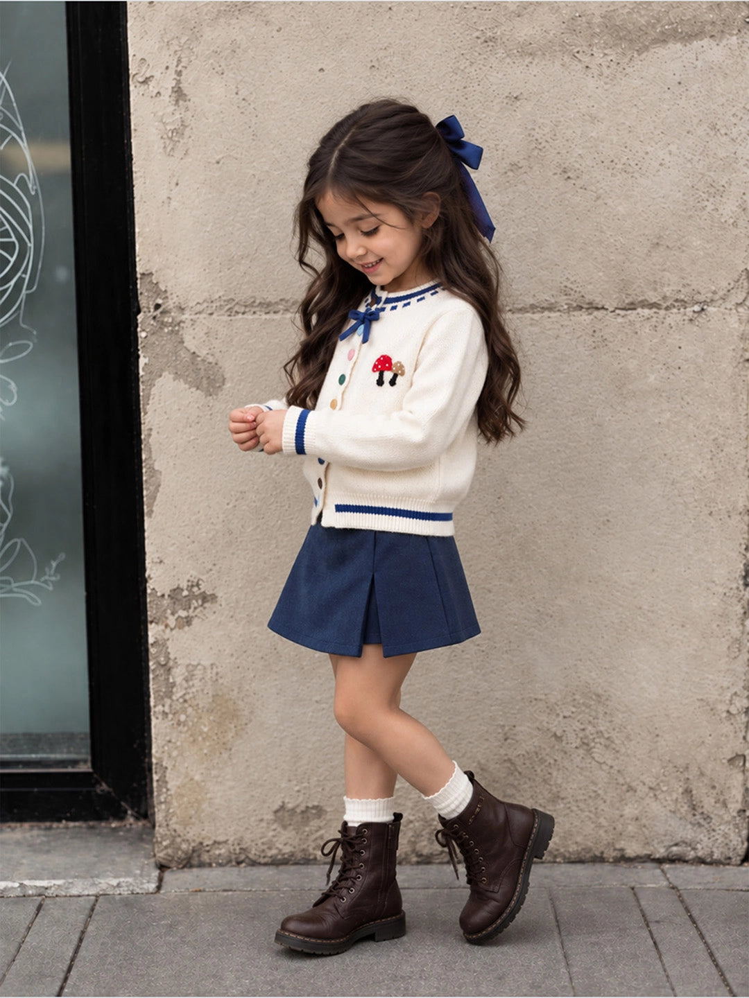 Cream & Blue Bow Mushroom Knitted Winter Cardigan Sweater for Kids