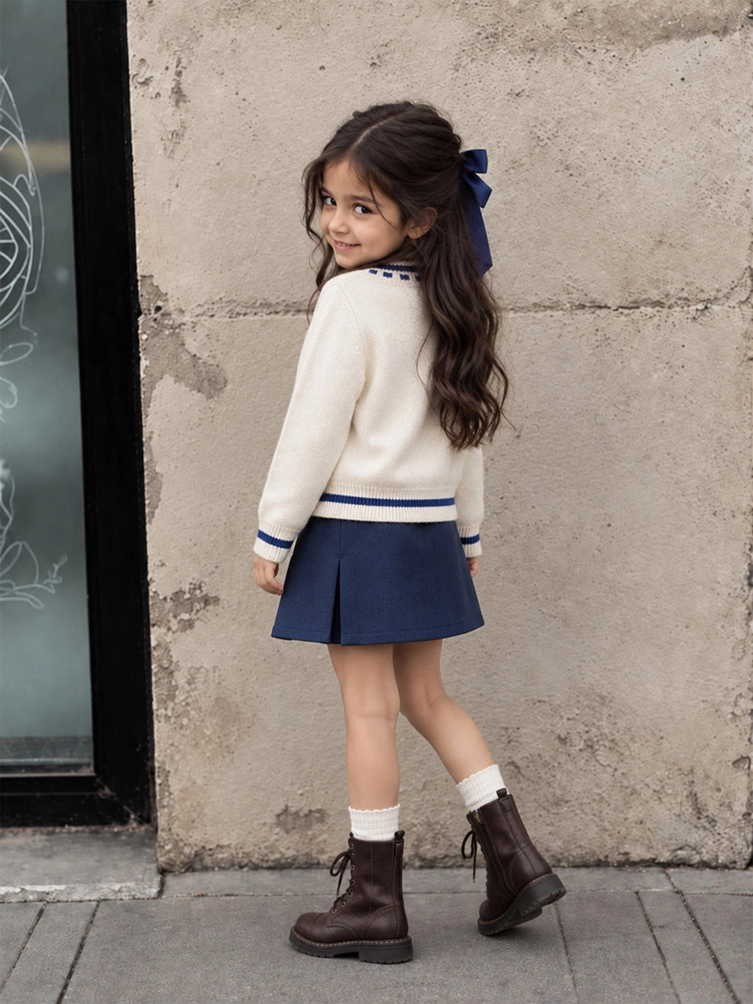 Cream & Blue Bow Mushroom Knitted Winter Cardigan Sweater for Kids