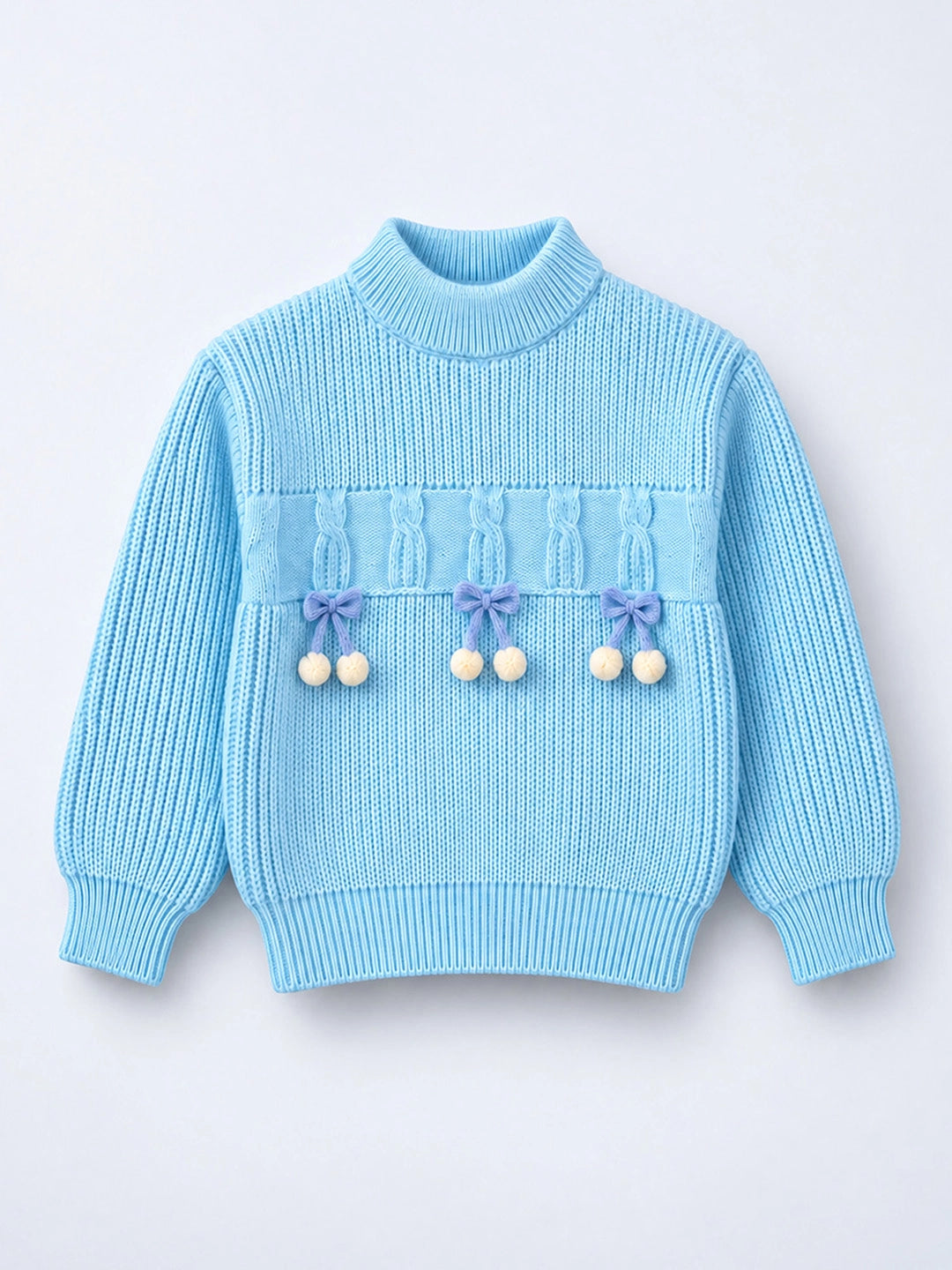 Blue Bow & Pom-Pom Knitted Winter Cardigan Sweater for Girls
