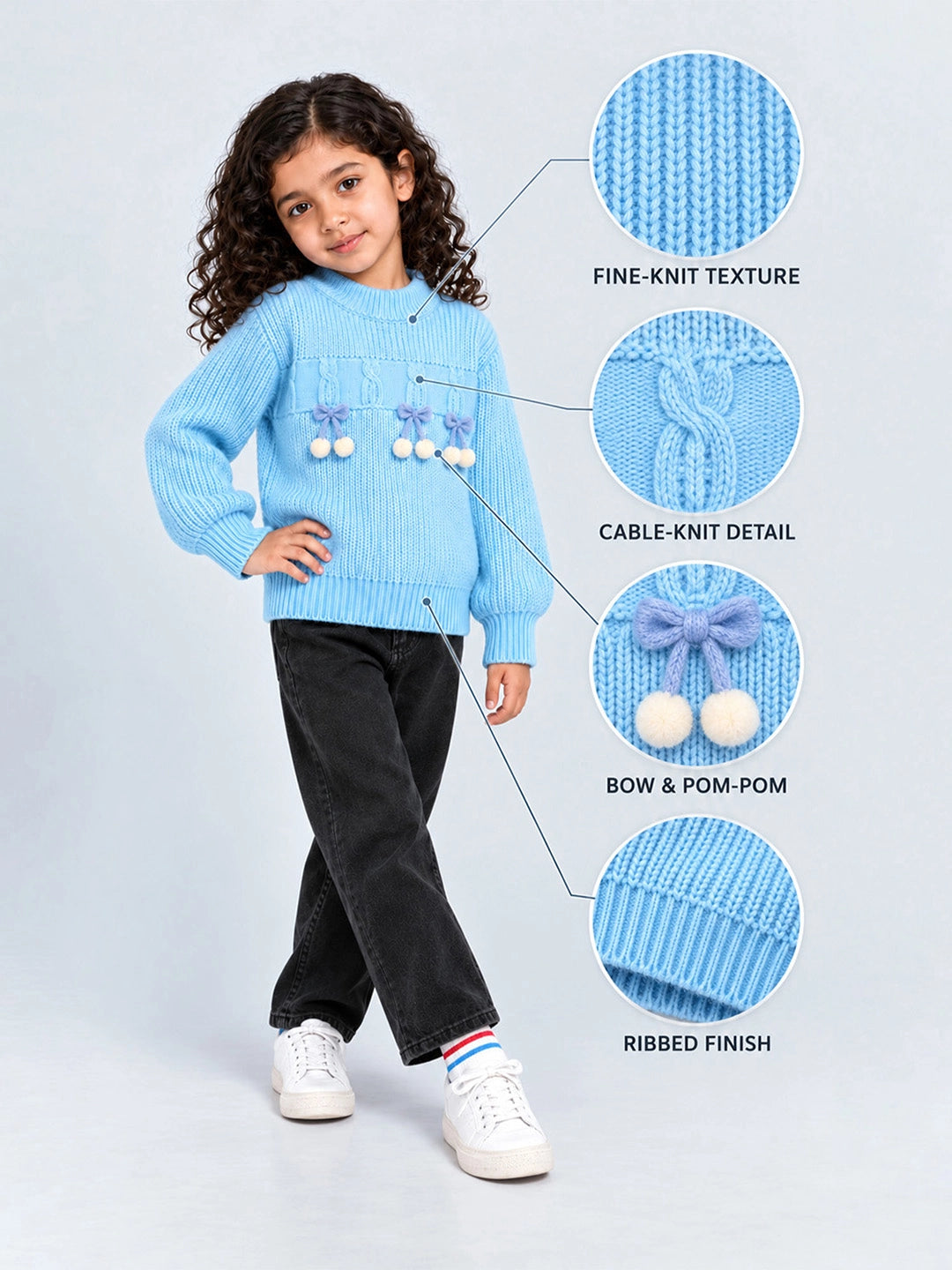 Blue Bow & Pom-Pom Knitted Winter Cardigan Sweater for Girls