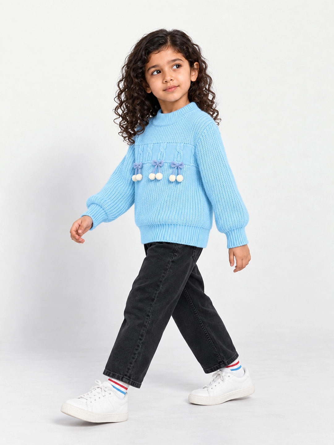 Blue Bow & Pom-Pom Knitted Winter Cardigan Sweater for Girls