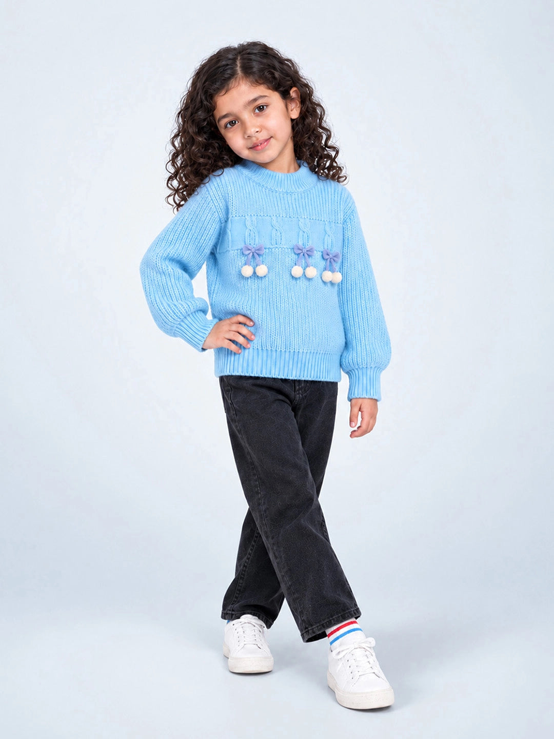 Blue Bow & Pom-Pom Knitted Winter Cardigan Sweater for Girls