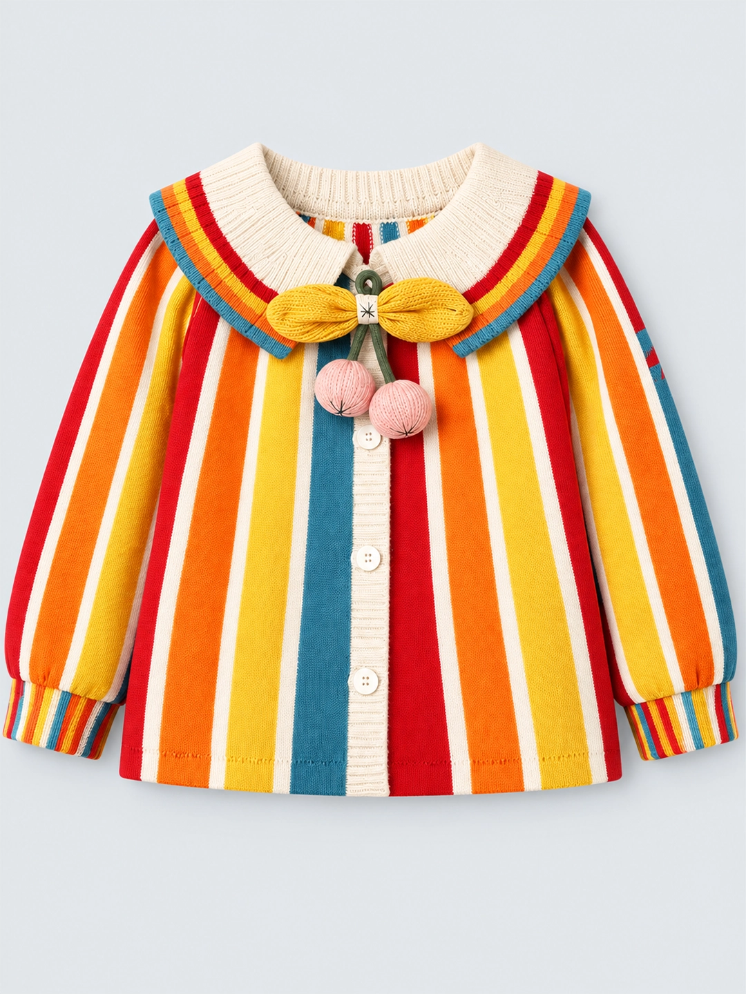 Multi-Color Stripes Cardigan with Bow & Pompom, Winter Cardigan Sweater for Kids