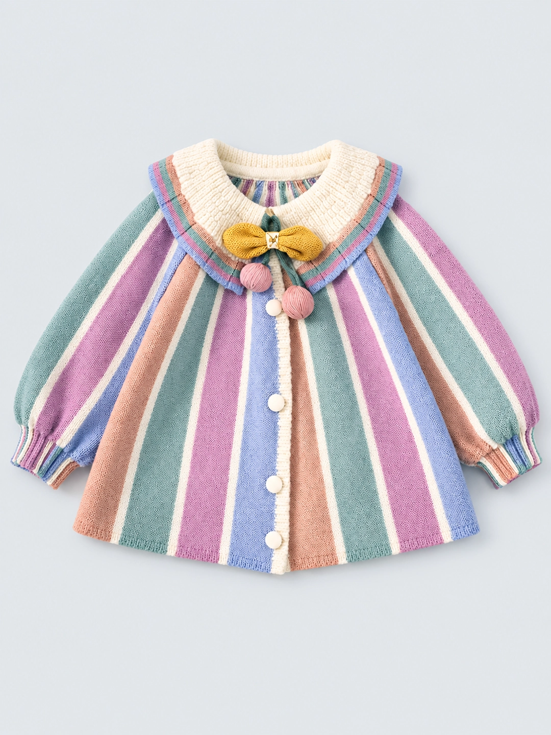 Pastel-Color Stripes Cardigan with Bow & Pompom, Winter Cardigan Sweater for Kids