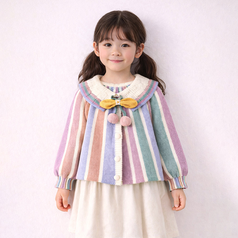 Pastel-Color Stripes Cardigan with Bow & Pompom, Winter Cardigan Sweater for Kids