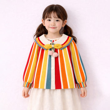 Multi-Color Stripes Cardigan with Bow & Pompom, Winter Cardigan Sweater for Kids