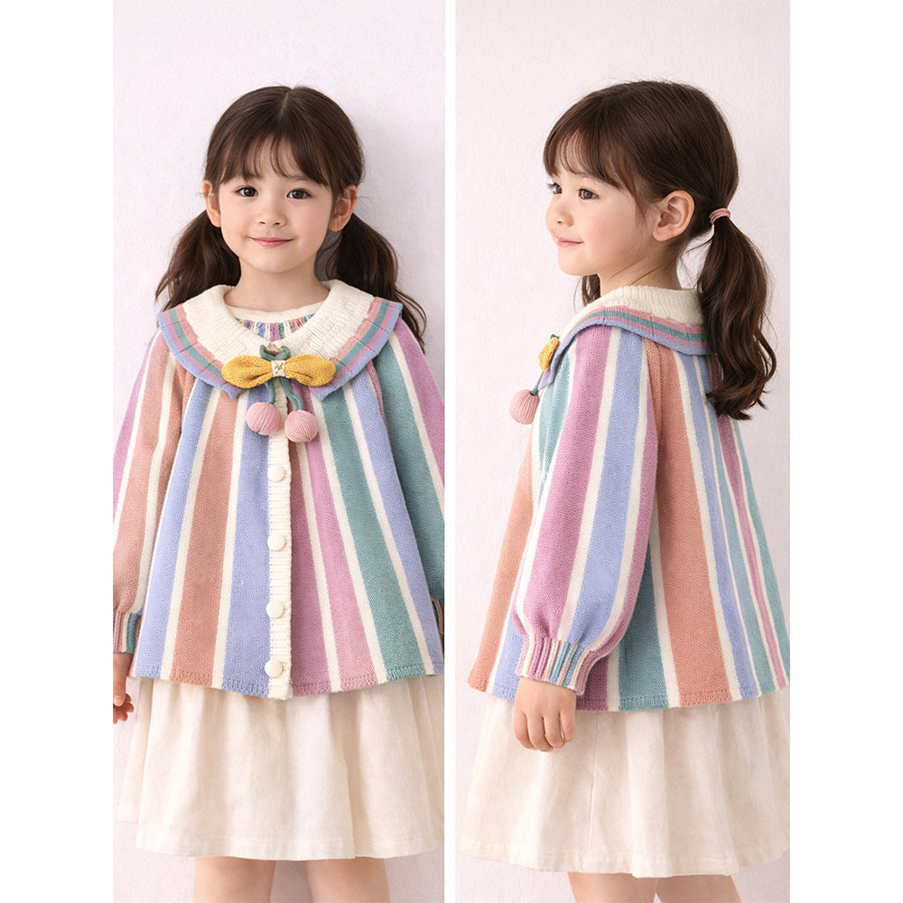 Pastel-Color Stripes Cardigan with Bow & Pompom, Winter Cardigan Sweater for Kids