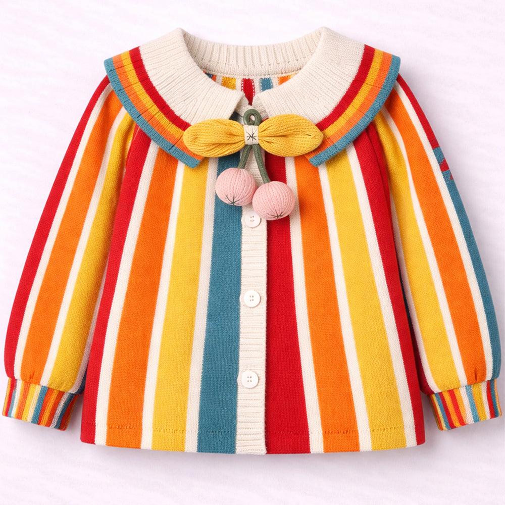 Multi-Color Stripes Cardigan with Bow & Pompom, Winter Cardigan Sweater for Kids