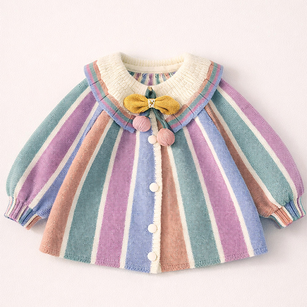Pastel-Color Stripes Cardigan with Bow & Pompom, Winter Cardigan Sweater for Kids
