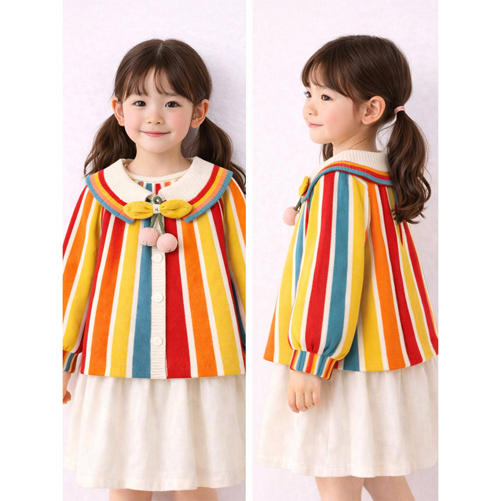 Multi-Color Stripes Cardigan with Bow & Pompom, Winter Cardigan Sweater for Kids