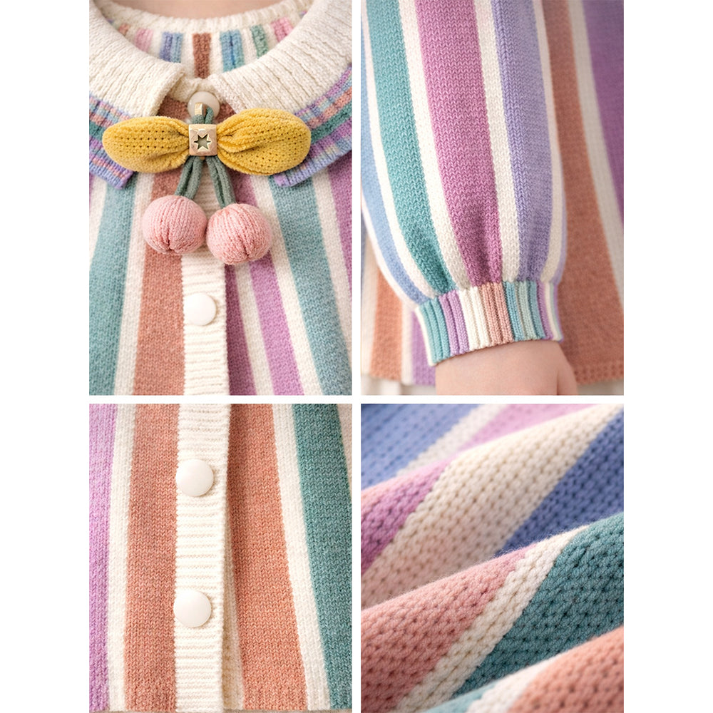 Pastel-Color Stripes Cardigan with Bow & Pompom, Winter Cardigan Sweater for Kids