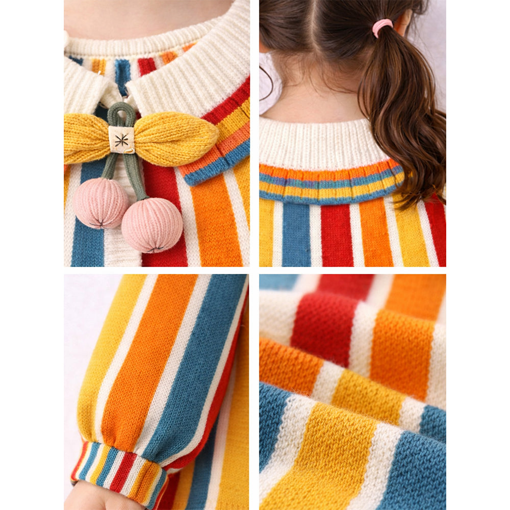Multi-Color Stripes Cardigan with Bow & Pompom, Winter Cardigan Sweater for Kids