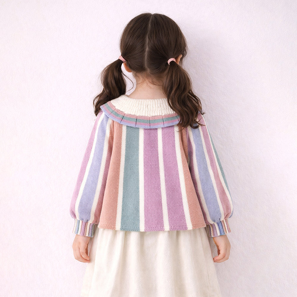 Pastel-Color Stripes Cardigan with Bow & Pompom, Winter Cardigan Sweater for Kids