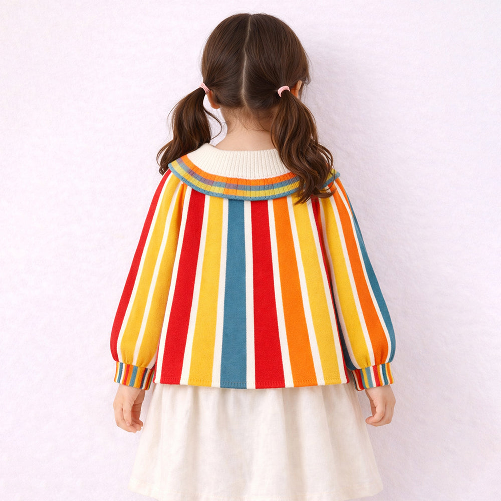 Multi-Color Stripes Cardigan with Bow & Pompom, Winter Cardigan Sweater for Kids