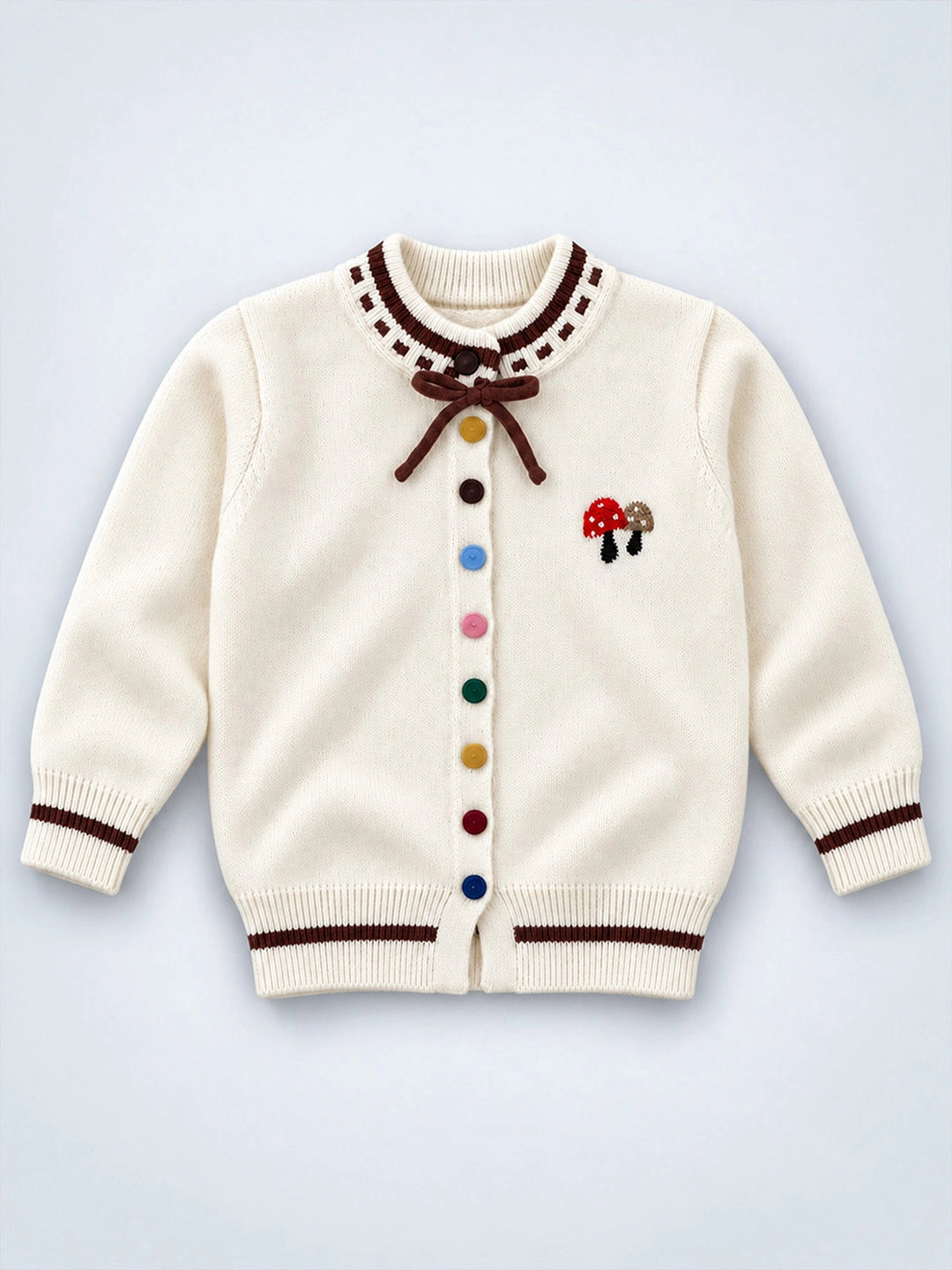 Cream & Brown Bow Mushroom Knitted Winter Cardigan Sweater for Kids