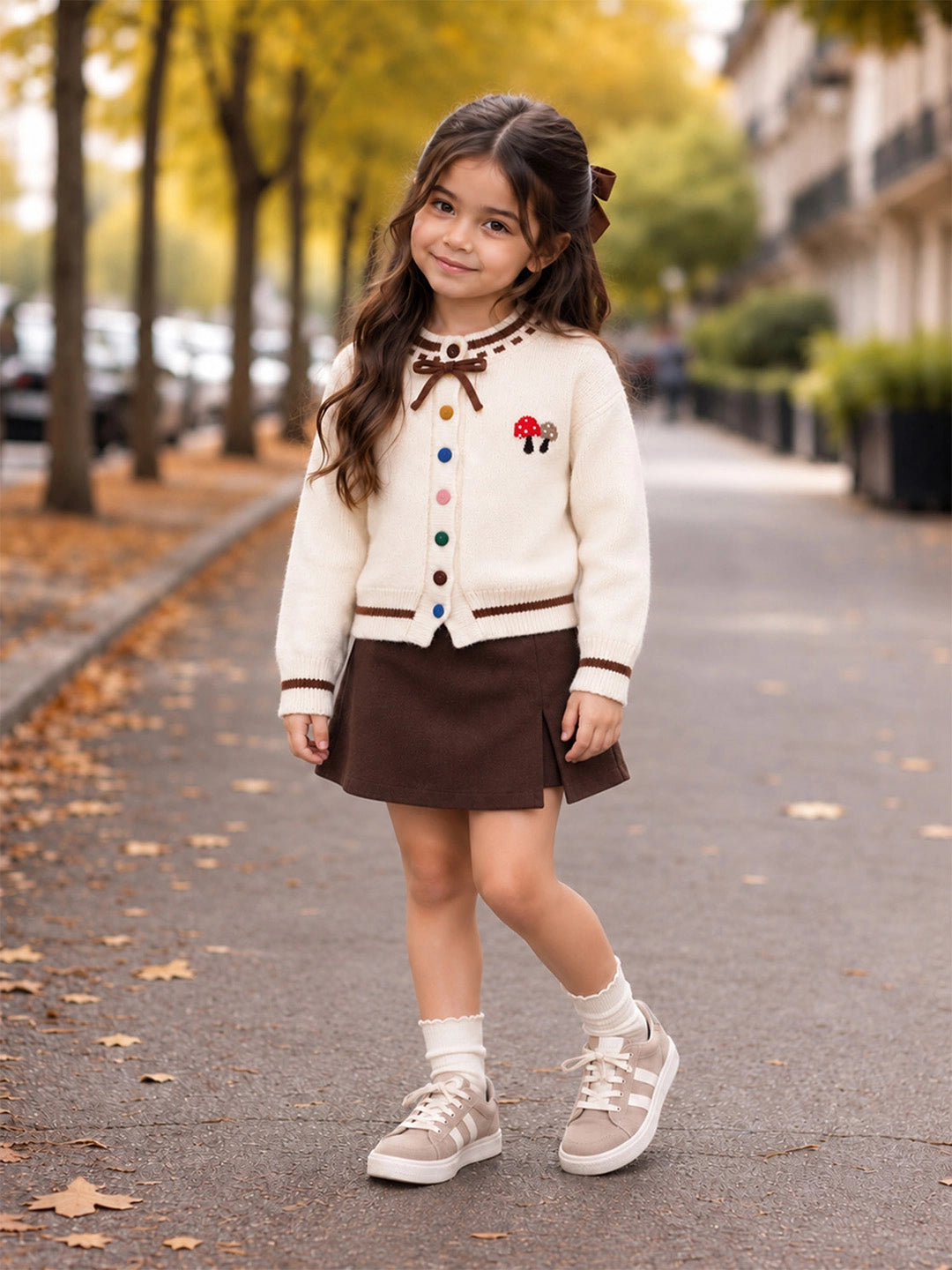 Cream & Brown Bow Mushroom Knitted Winter Cardigan Sweater for Kids