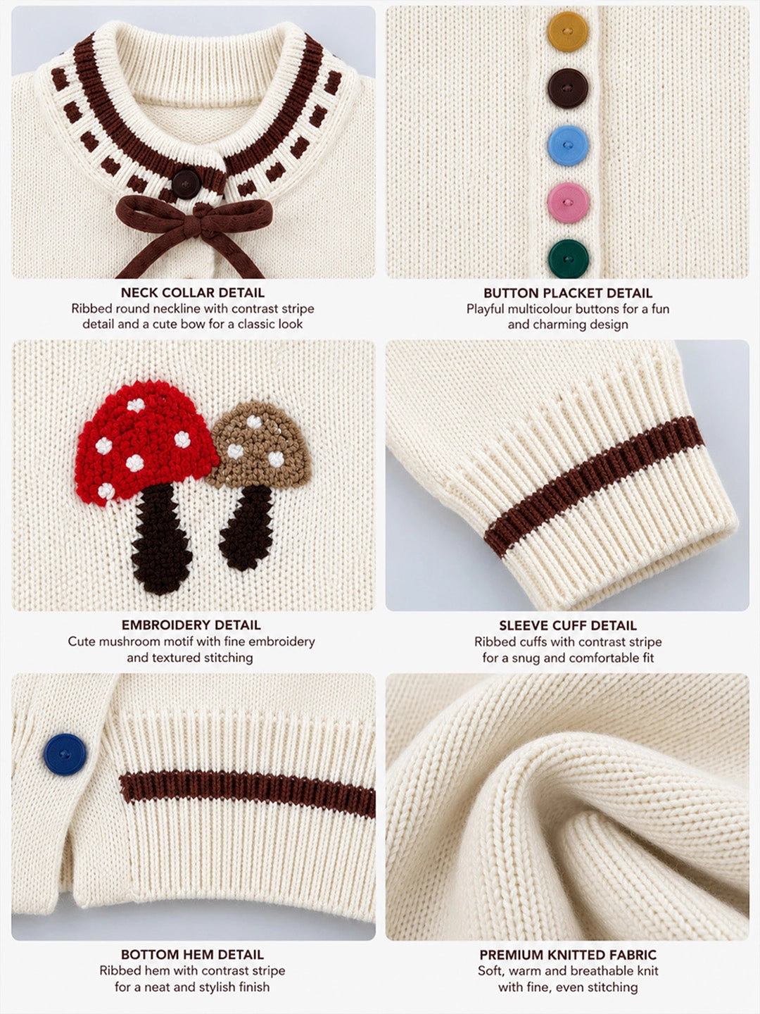 Cream & Brown Bow Mushroom Knitted Winter Cardigan Sweater for Kids