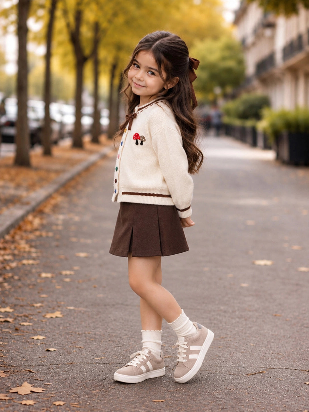 Cream & Brown Bow Mushroom Knitted Winter Cardigan Sweater for Kids
