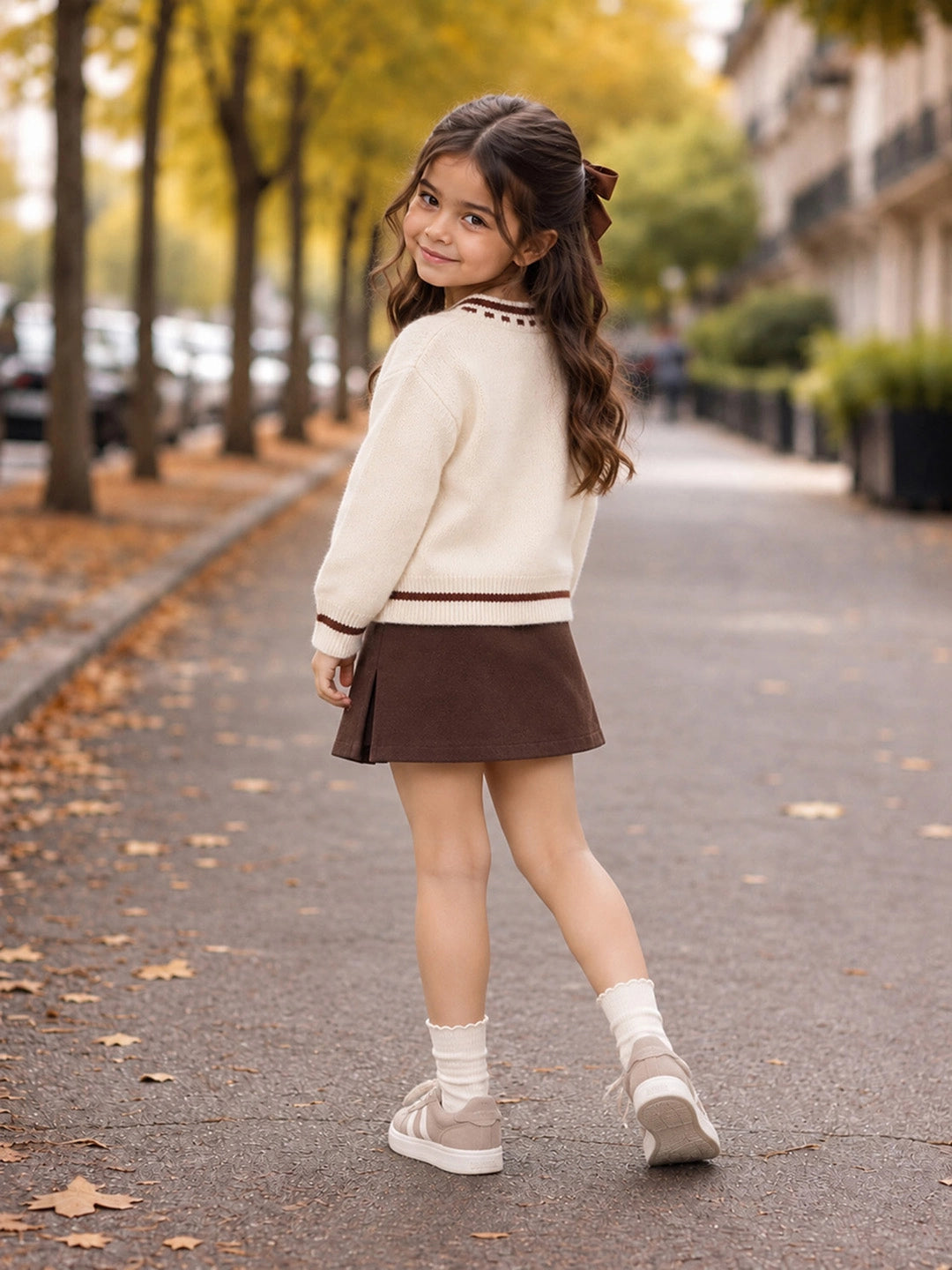 Cream & Brown Bow Mushroom Knitted Winter Cardigan Sweater for Kids