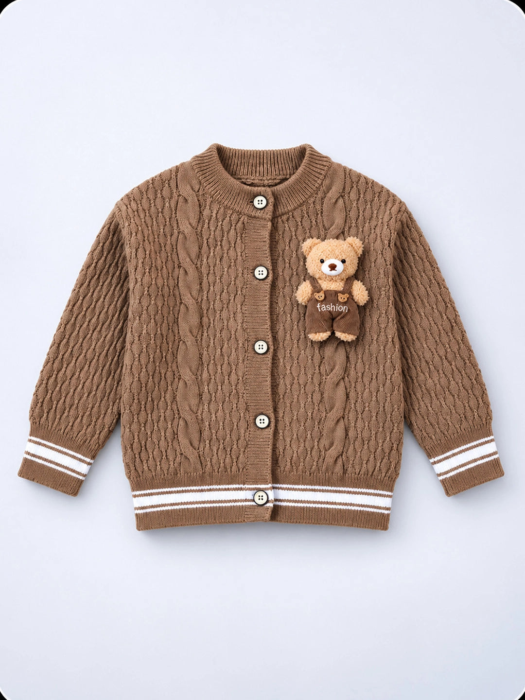 Brown Cable-Knit Winter Cardigan Sweater with Detachable Teddy Clip for Kids