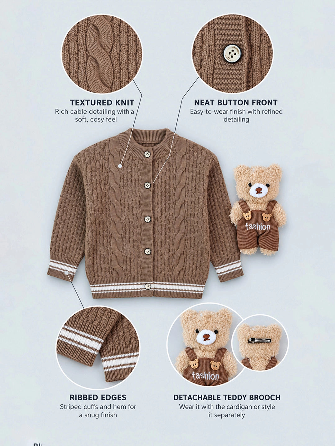 Brown Cable-Knit Winter Cardigan Sweater with Detachable Teddy Clip for Kids