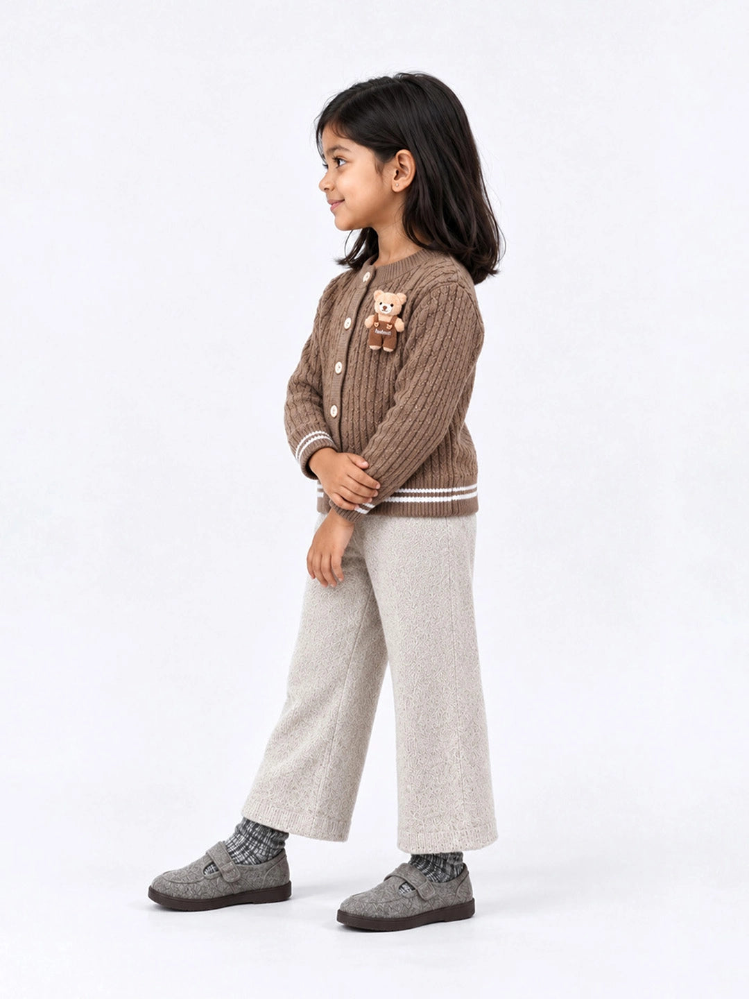 Brown Cable-Knit Winter Cardigan Sweater with Detachable Teddy Clip for Kids