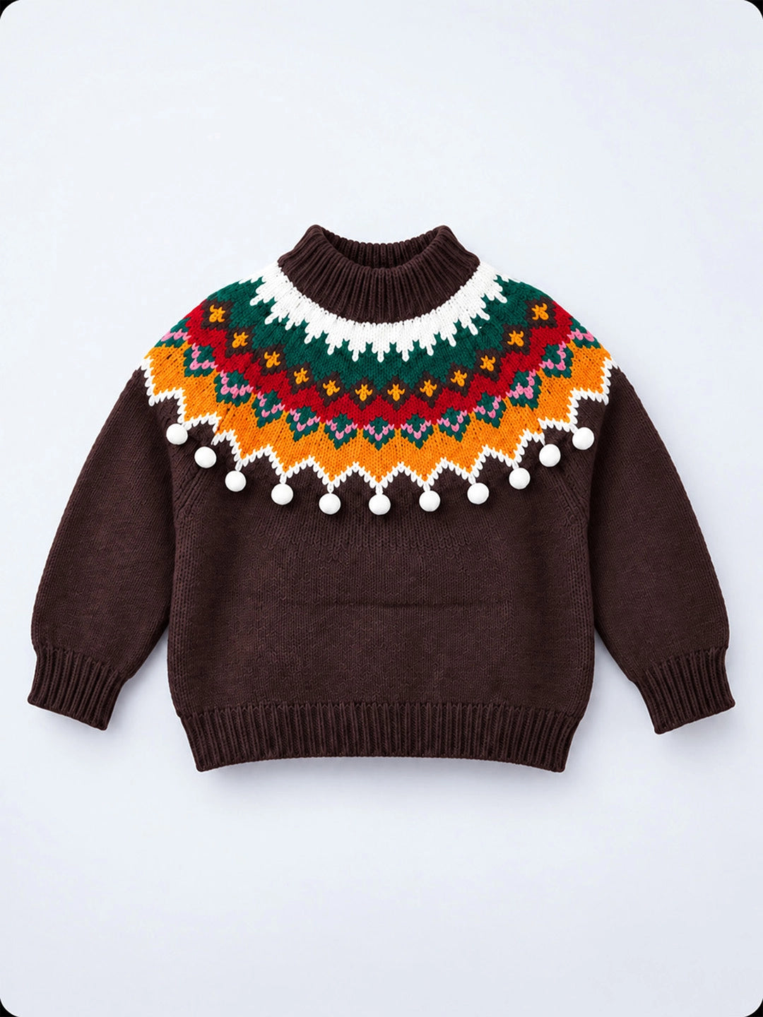 Brown Multi Color Pompom Winter Cardigan Sweater for Kids