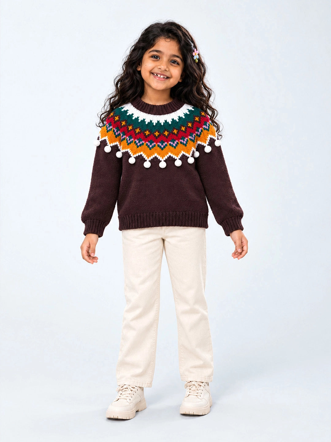 Brown Multi Color Pompom Winter Cardigan Sweater for Kids