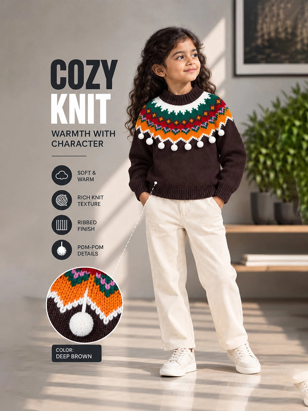 Brown Multi Color Pompom Winter Cardigan Sweater for Kids