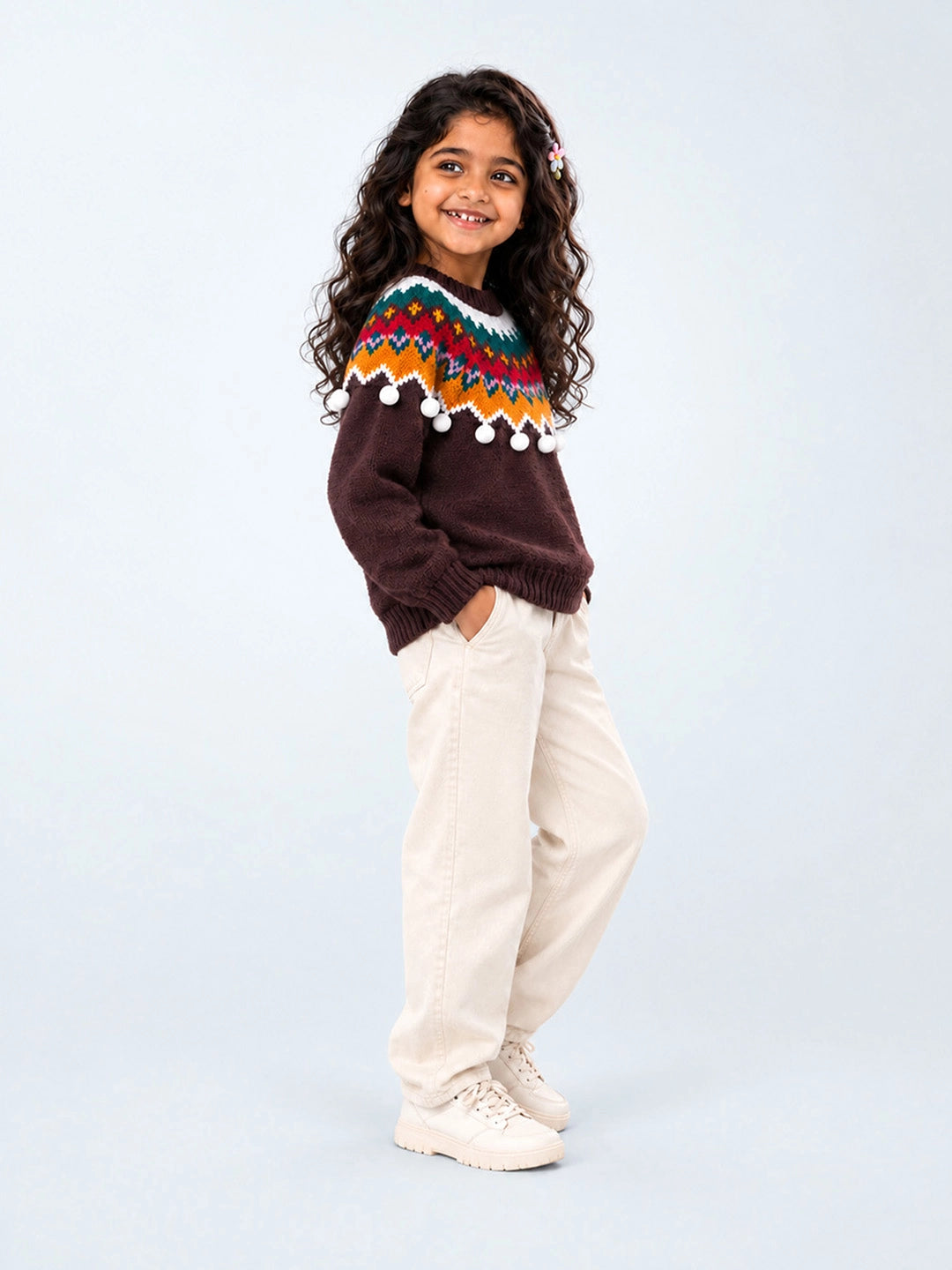 Brown Multi Color Pompom Winter Cardigan Sweater for Kids