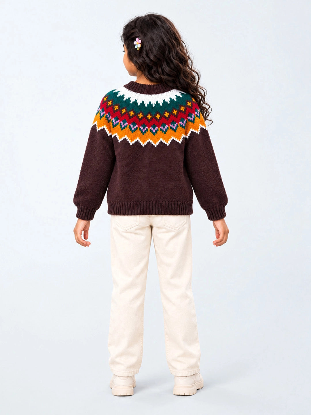 Brown Multi Color Pompom Winter Cardigan Sweater for Kids