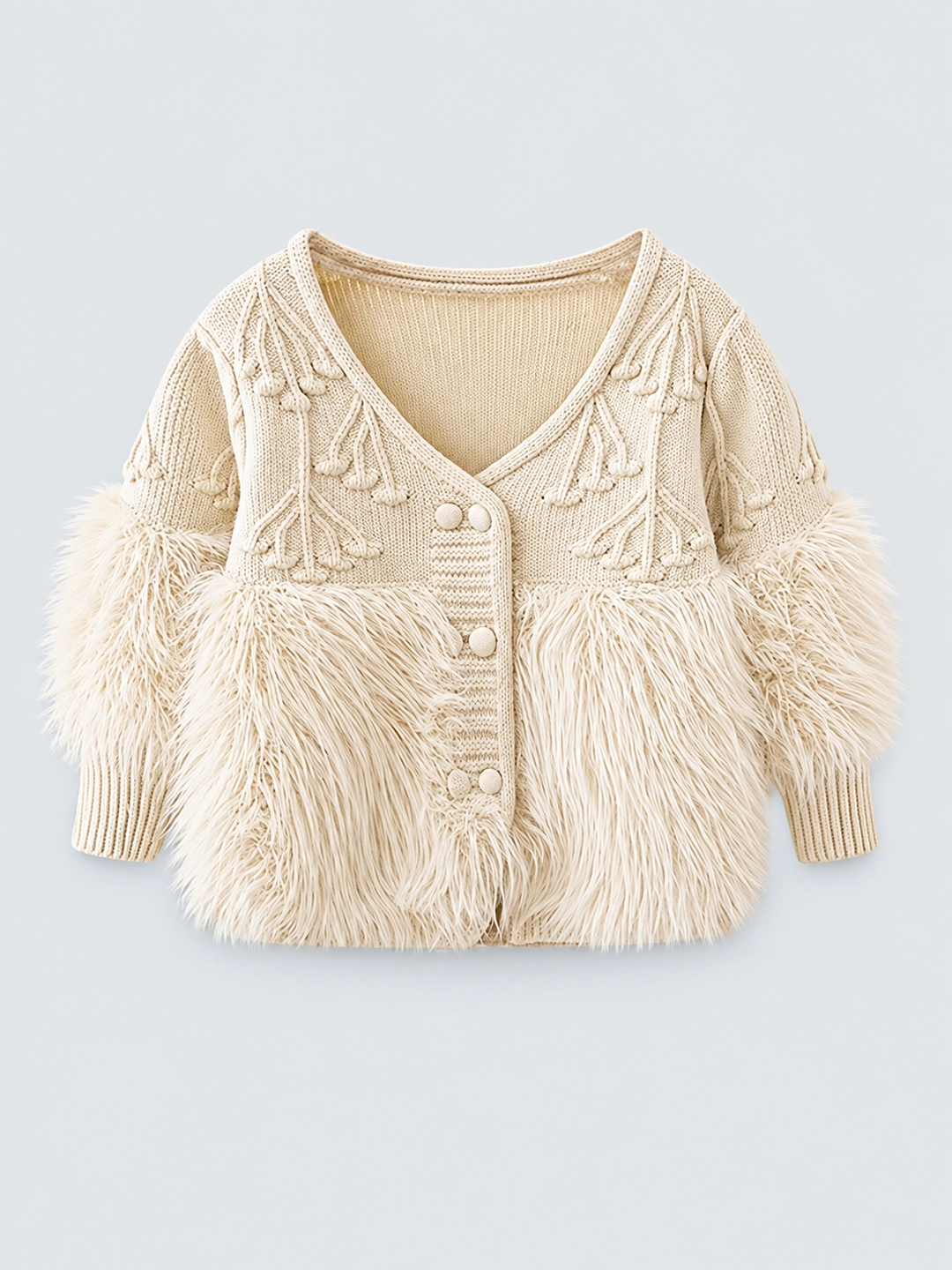 Cream Furry Knitted cardigan Sweater for Kids