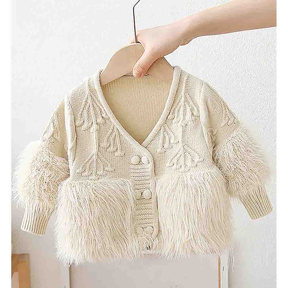 Cream Furry Knitted cardigan Sweater for Kids