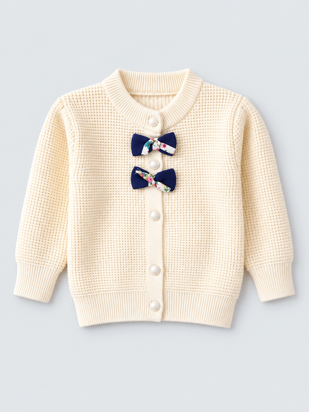 Cream & Blue Bow Knitted Warmer Cardigan, Winter Cardigan Sweater for Kids