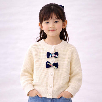 Cream & Blue Bow Knitted Warmer Cardigan, Winter Cardigan Sweater for Kids