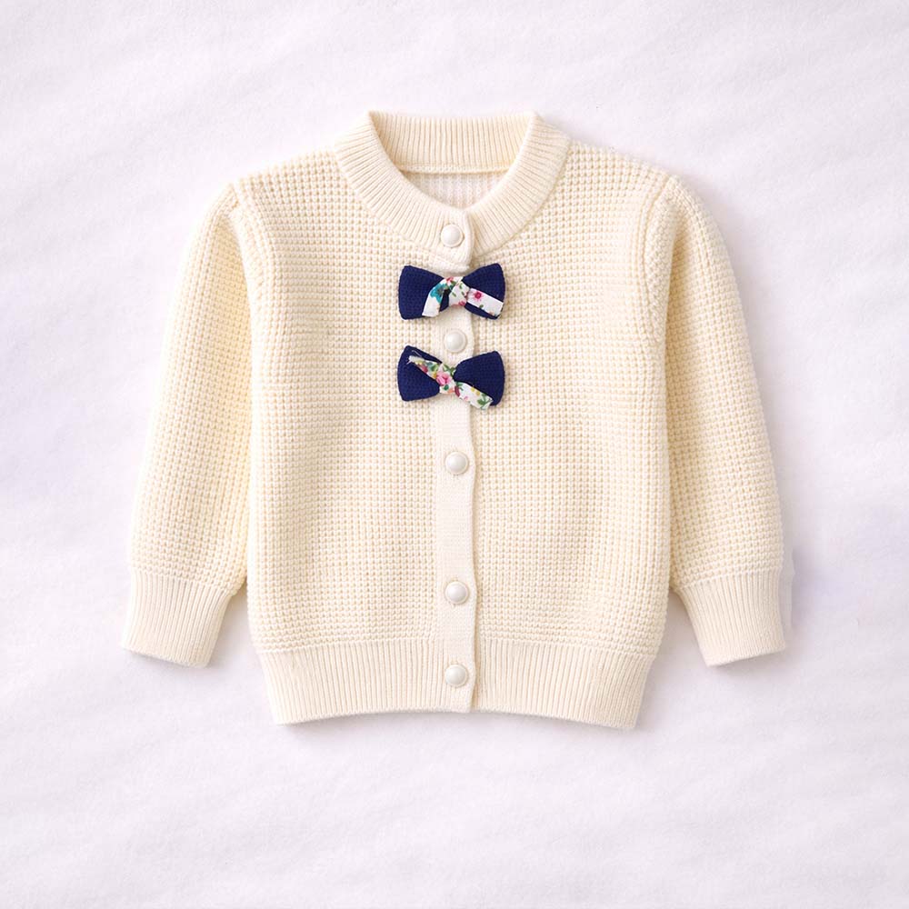 Cream & Blue Bow Knitted Warmer Cardigan, Winter Cardigan Sweater for Kids