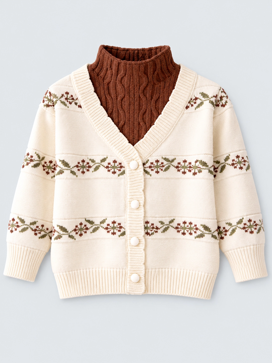 Cream & Brown Leaf Pattern High-Neck Cardigan, Winter Cardigan Sweater for Kids