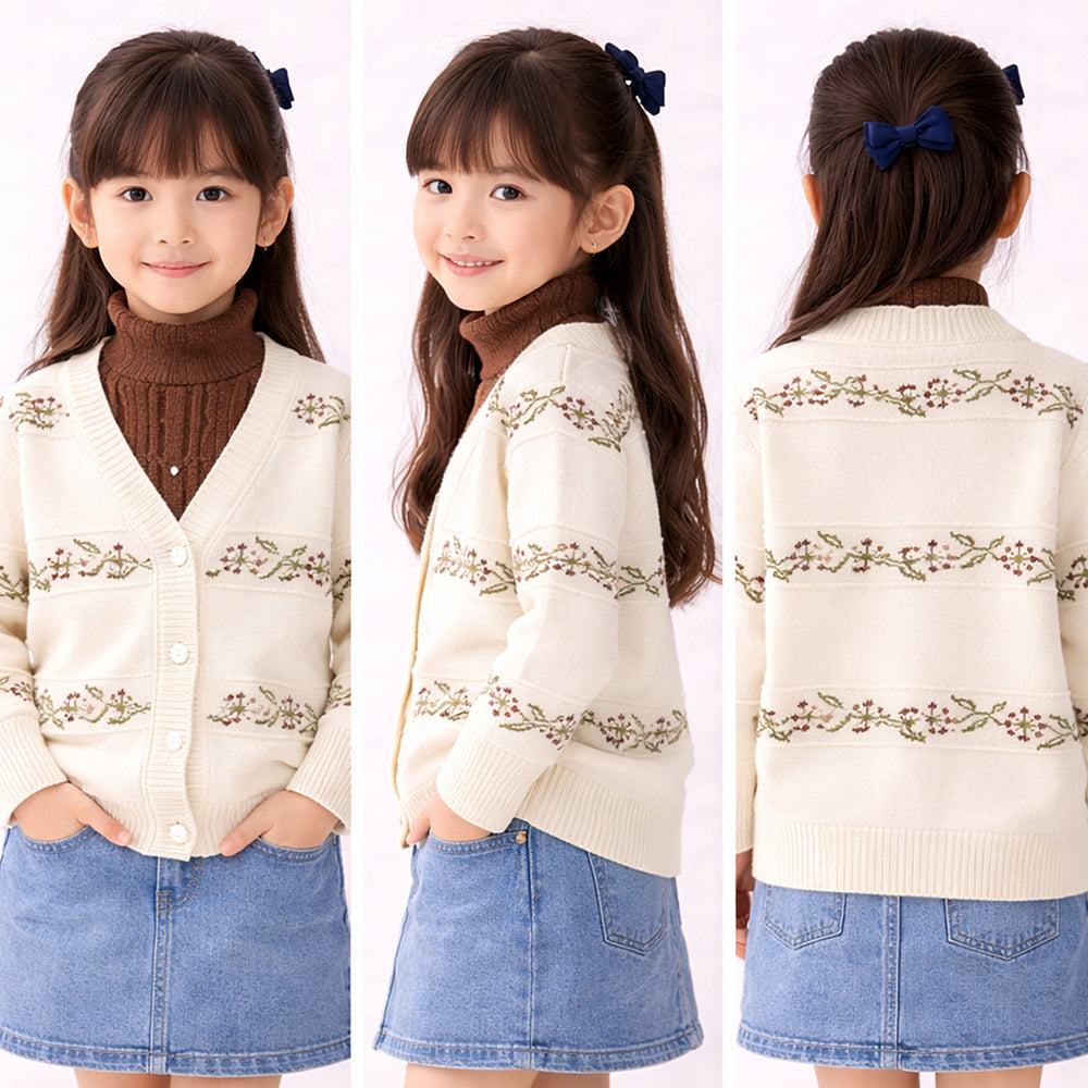 Cream & Brown Leaf Pattern High-Neck Cardigan, Winter Cardigan Sweater for Kids