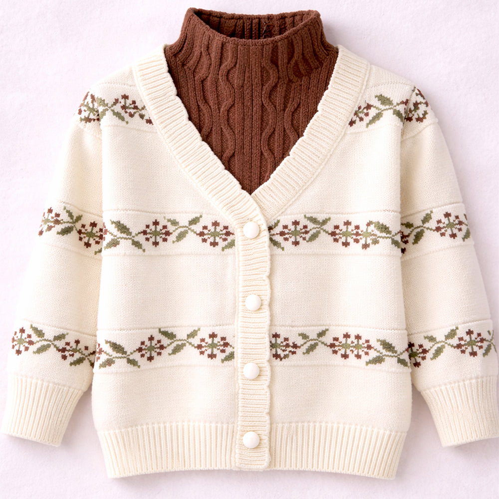 Cream & Brown Leaf Pattern High-Neck Cardigan, Winter Cardigan Sweater for Kids