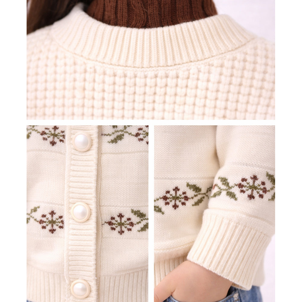 Cream & Brown Leaf Pattern High-Neck Cardigan, Winter Cardigan Sweater for Kids