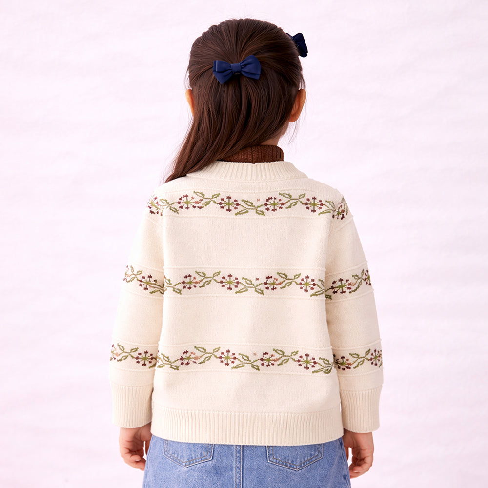 Cream & Brown Leaf Pattern High-Neck Cardigan, Winter Cardigan Sweater for Kids