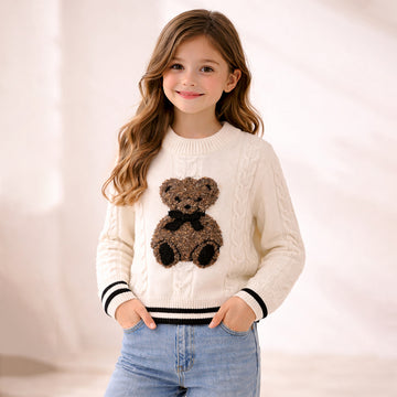 Cream Cable-Knit Teddy Cardigan, Winter Cardigan Sweater for Kids