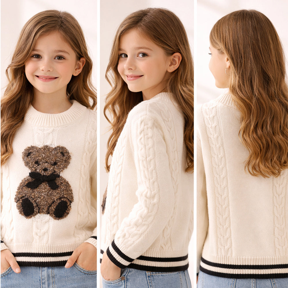 Cream Cable-Knit Teddy Cardigan, Winter Cardigan Sweater for Kids