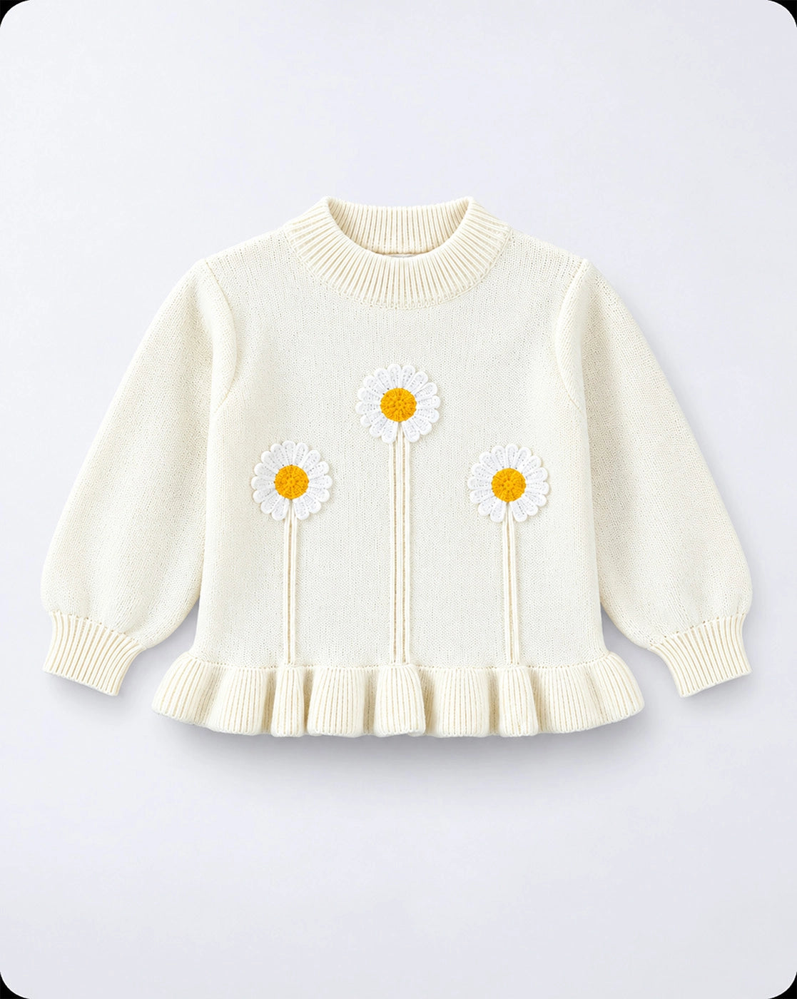 Cream Daisy Knitted Peplum Winter Cardigan Sweater for Girls