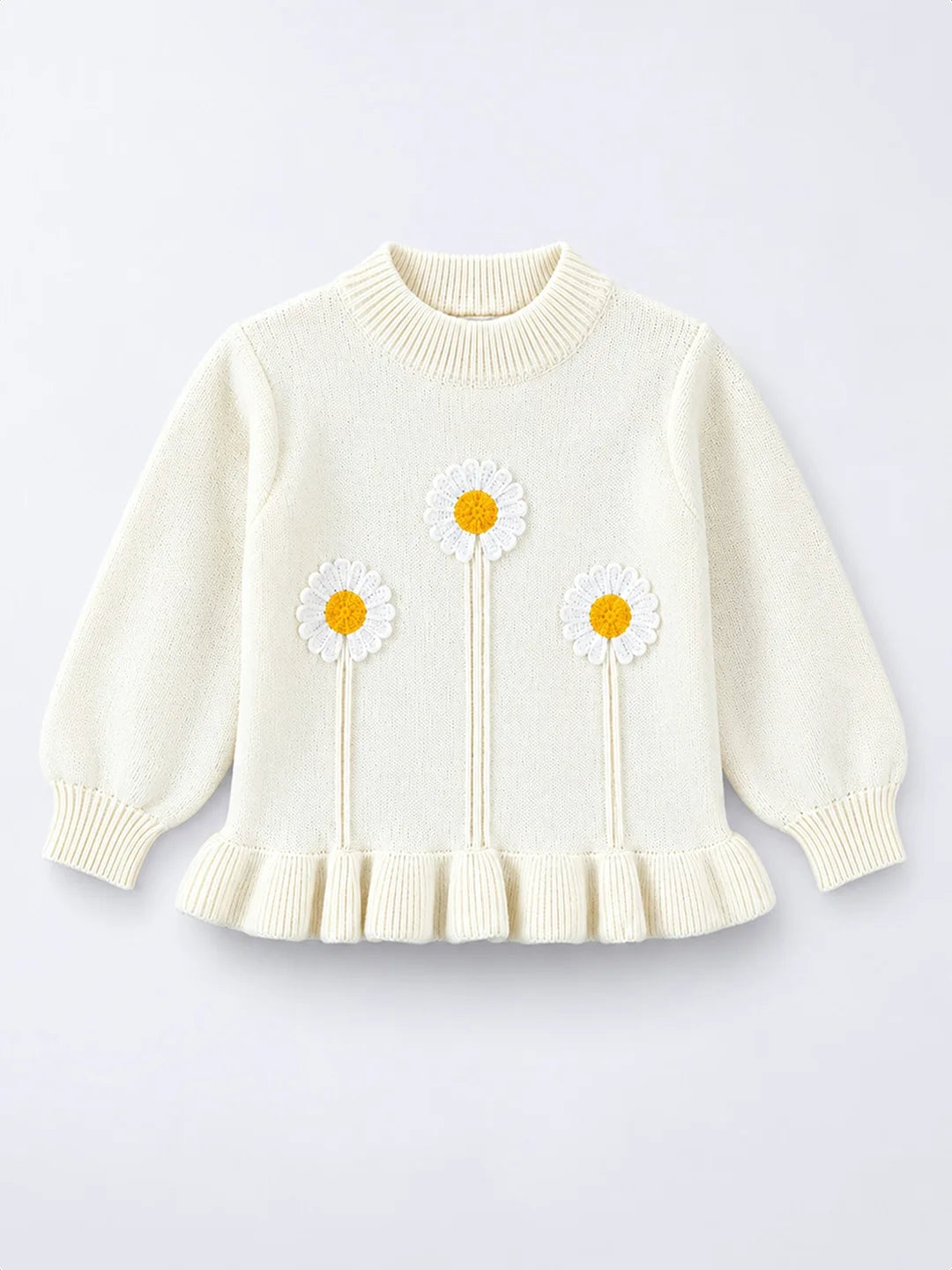 Cream Daisy Knitted Peplum Winter Cardigan Sweater for Girls