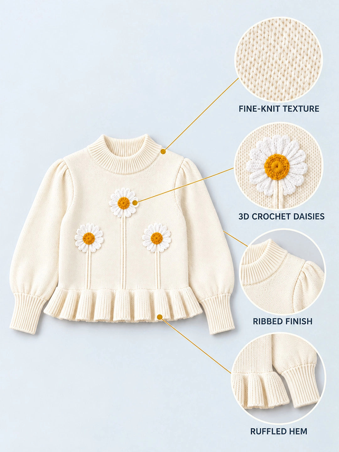 Cream Daisy Knitted Peplum Winter Cardigan Sweater for Girls