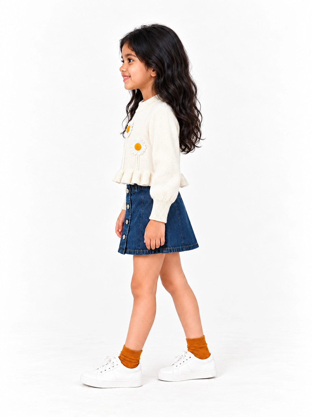Cream Daisy Knitted Peplum Winter Cardigan Sweater for Girls